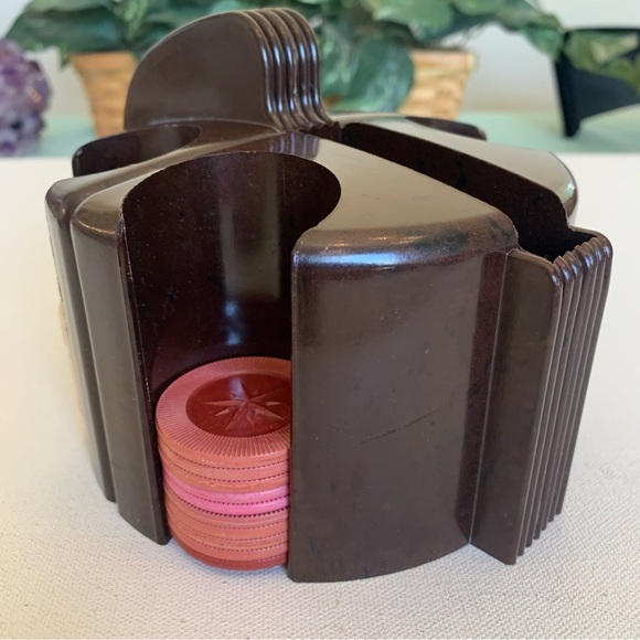 Vintage Bakelite Poker Chip Caddy Card Holder Art Deco Brown W Chips MCM Games - Picture 6 of 15